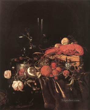フルーツ 花 グラス ロブスターのある静物 ヤン・ダヴィッツ・デ・ヘームの花柄 Oil Paintings